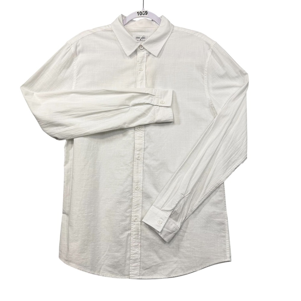 JEKAOYI Button Down Shirt Mens Size Medium White Cotton Linen Blend Long Sleeve